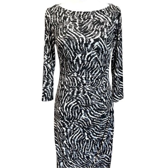 Ralph Lauren Zebra Print Dress Long Sleeve Black White Stretch Abstract Size 6 - Picture 2 of 13